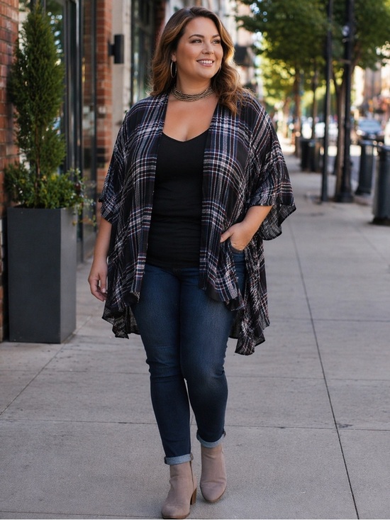 torrid Tops - TORRID Women's Black Teal Burgundy White Plaid Open Front Kimono Cardigan 1X